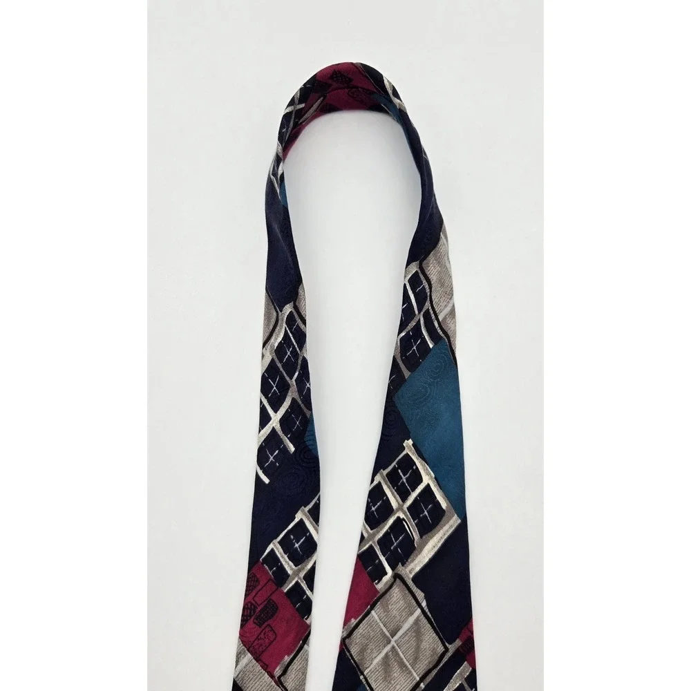 Bugatti Silk Neck Tie‎ Mens Vintage Abstract Geometric Blue Red Dress Tie